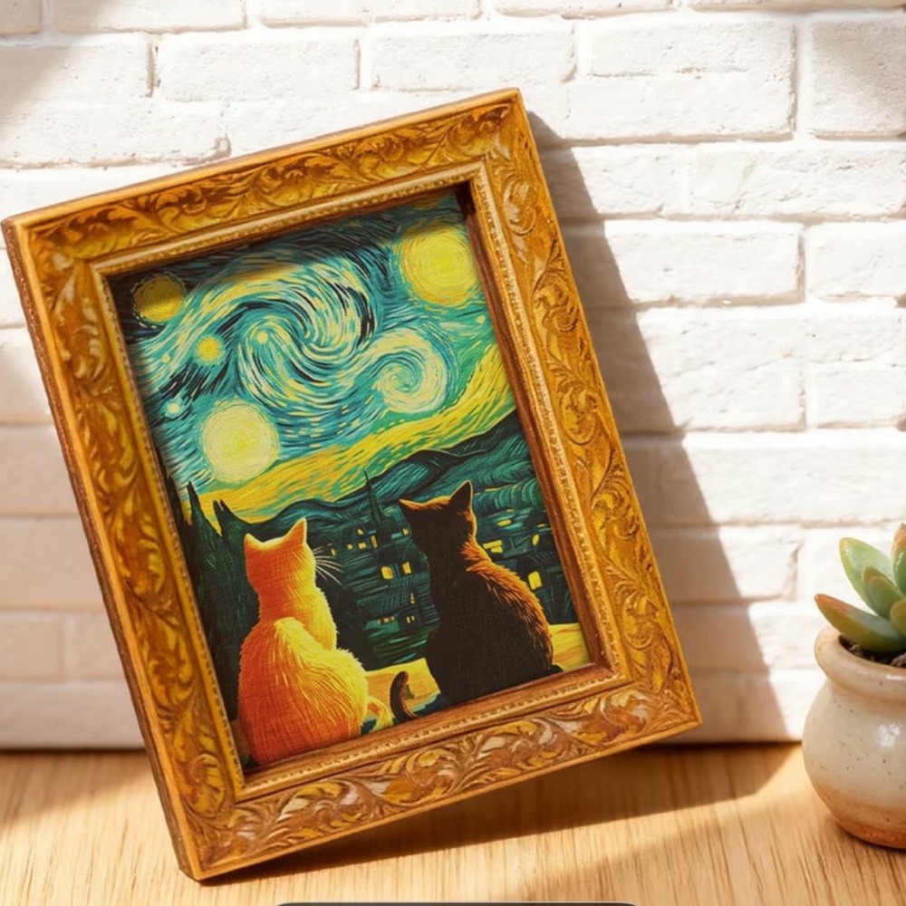Starry Night Cats Fridge Magnet Van Gogh Style Mini Art Cat Decor
